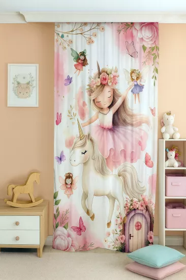 Peri Kız Unicorn Çift Kanatlı Çocuk Odası Perdesi