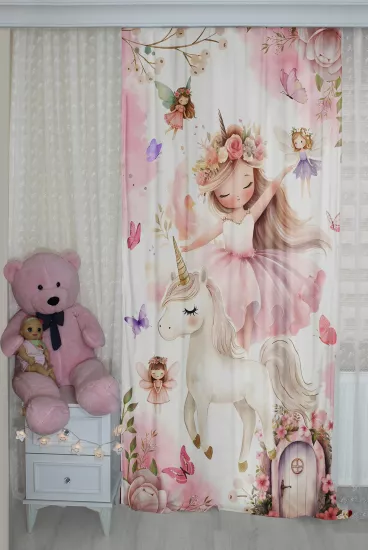 Peri Kız Unicorn Çift Kanatlı Çocuk Odası Perdesi