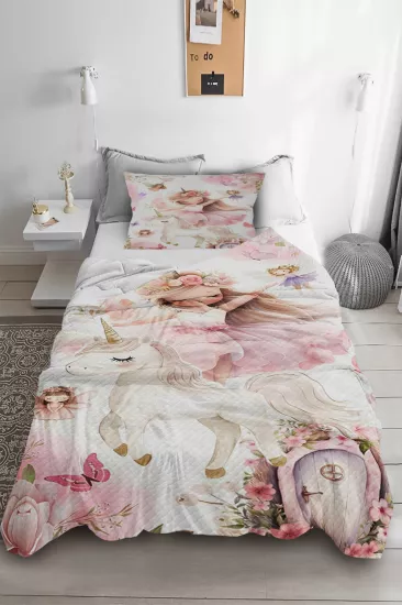 Peri Kız Unicorn Tek Kişilik Pike Yastık Kılıflı