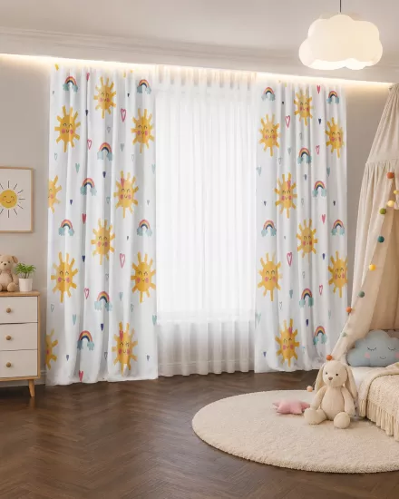 Güneş ve Kalpli Çift Kanatlı Çocuk Odası Perdesi