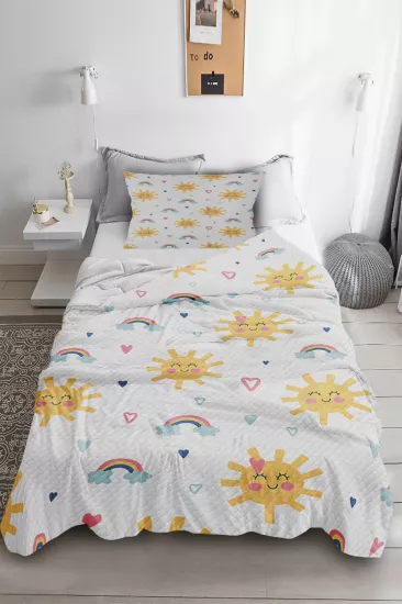 Güneş ve Kalpli Tek Kişilik Pike Yastık Kılıflı