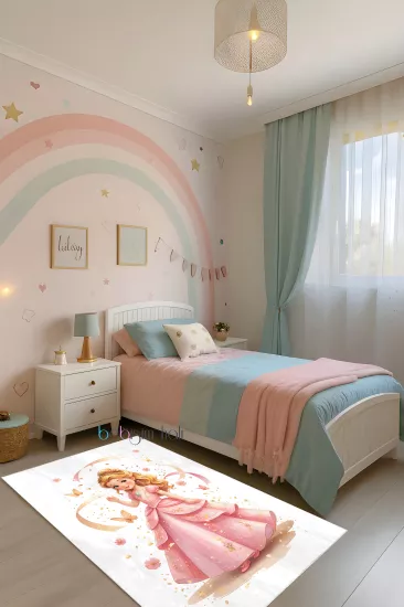 Pembe Prenses Kelebekli Bambu Çocuk Odası Halısı