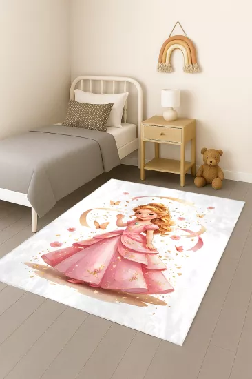 Pembe Prenses Kelebekli Bambu Çocuk Odası Halısı