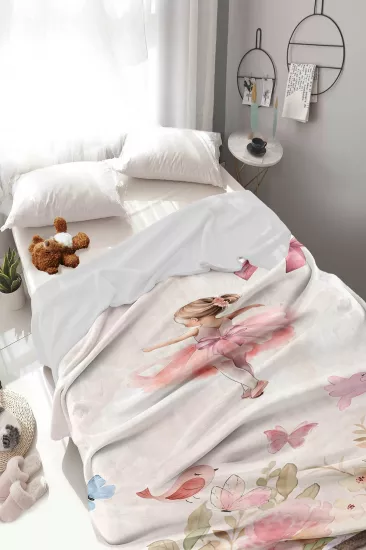 Balerin Kelebek Çiçekli Welsoft Çocuk Battaniyesi