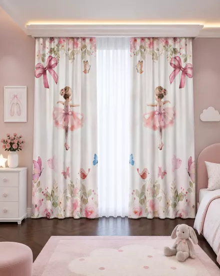 Balerin Kelebek ve Çiçekli Çocuk Odası Perdesi