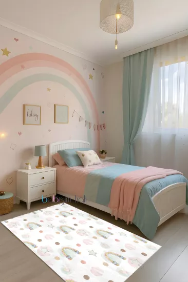 Gökkuşağı Bulut Bambu Çocuk Odası Halısı