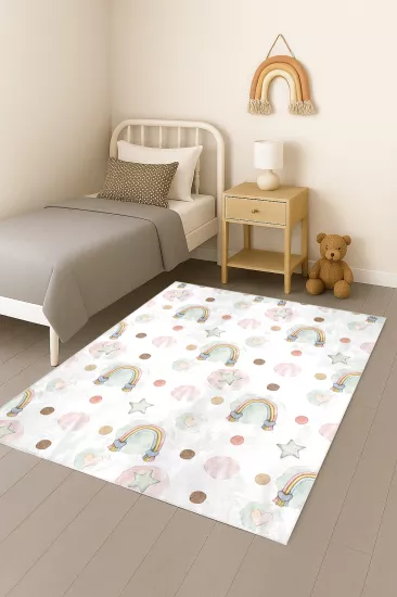 Gökkuşağı Bulut Bambu Çocuk Odası Halısı