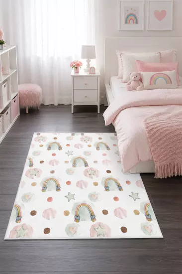 Pastel Gökkuşağı Yıldız Kalpli Çocuk Odası Halısı