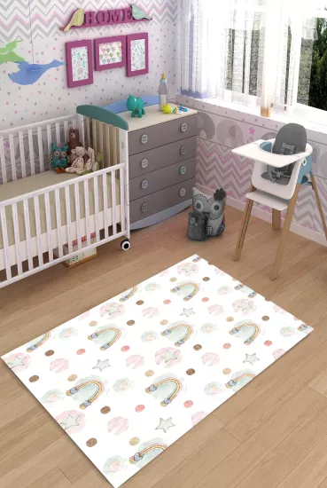 Pastel Gökkuşağı Yıldız Kalpli Çocuk Odası Halısı