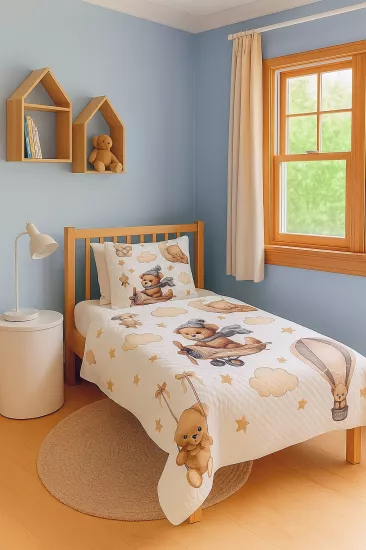 Ayıcıklı Uçak Bulutlu Tek Kişilik Pike Takımı 