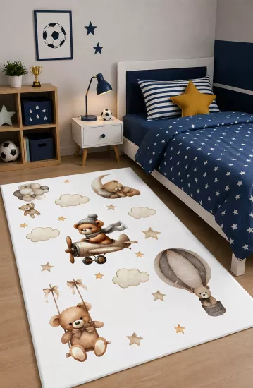 Uçan Ayıcık Uçak Balon Desenli Çocuk Odası Halısı