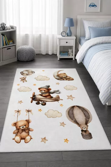 Uçan Ayıcık Uçak Balon Desenli Çocuk Odası Halısı