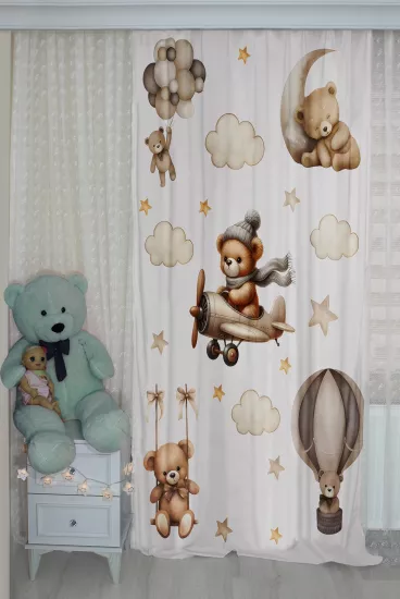 Ayıcıklı Çocuk Odası Çift Kanatlı Fon Perde