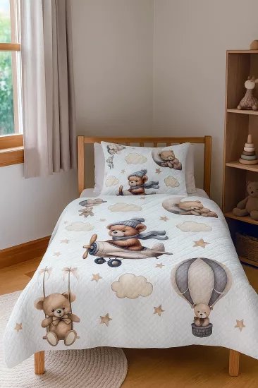 Ayıcıklı Uçak Bulutlu Tek Kişilik Pike Takımı 