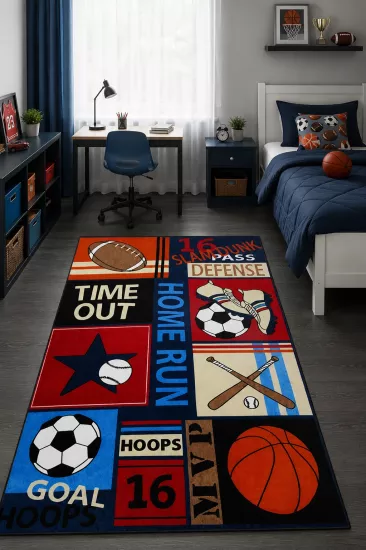 Futbol Basketbol Desenli Erkek Çocuk Odası Halısı