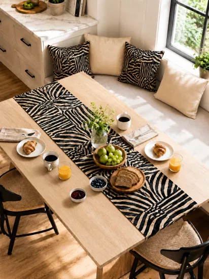 Siyah Bej Etnik Zebra Desenli Runner ve 4’lü Kırlent Kılıfı Seti