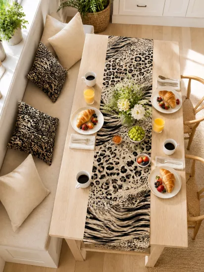 Siyah Bej Leopar Runner ve 4’lü Kırlent Kılıfı Seti Modern Dekoratif Yastık