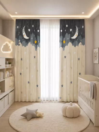 Yıldızlı Çift Kanatlı Çocuk Odası Fon Perde