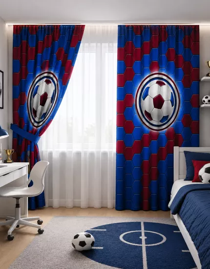 Bordo Mavi Taraftar Çocuk Odası Çift Kanatlı Fon Perde