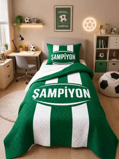 Yeşil Beyaz Şampiyon Taraftar Çocuk Odası Tek Kişilik Pike Yatak Örtüsü