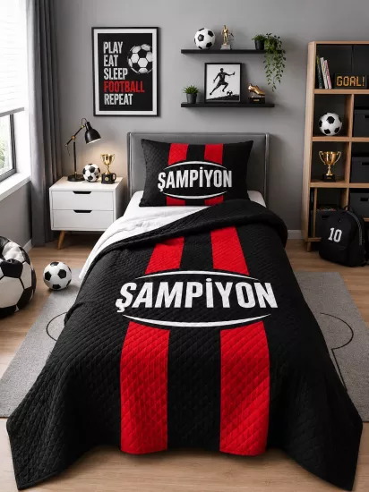 Siyah Kırmızı Şampiyon Taraftar Çocuk Odası Tek Kişilik Pike Yatak Örtüsü