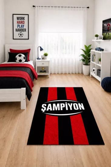 Siyah Kırmızı Şampiyon Taraftar Çocuk Odası Halısı