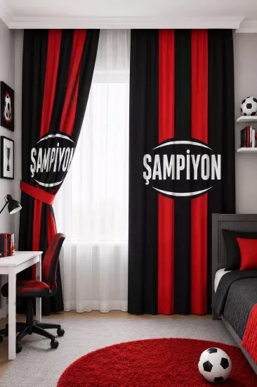 Siyah Kırmızı Şampiyon Taraftar Çocuk Odası Çift Kanatlı Fon Perde