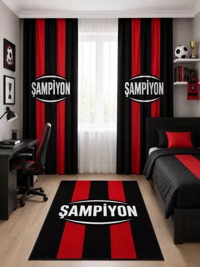 Siyah Kırmızı Şampiyon Taraftar Çocuk Odası Çift Kanatlı Fon Perde