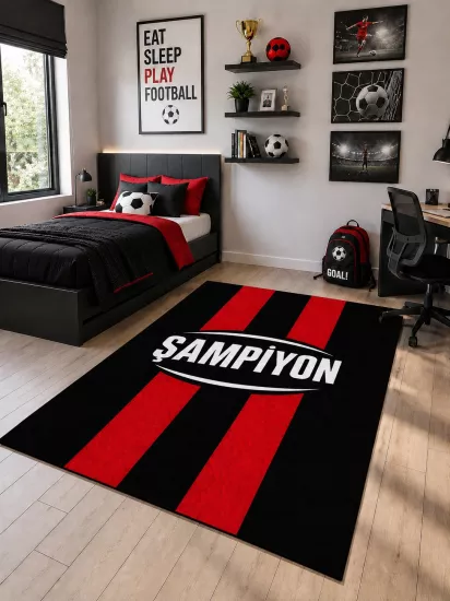 Siyah Kırmızı Şampiyon Taraftar Çocuk Odası Halısı