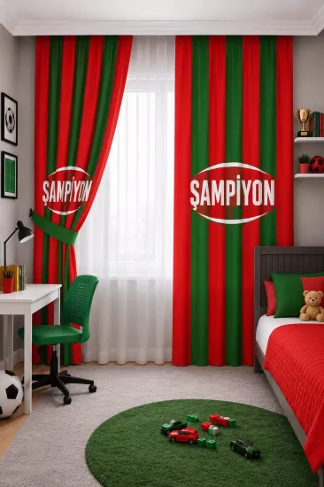 Kırmızı Yeşil Şampiyon Taraftar Çocuk Odası Çift Kanatlı Fon Perde
