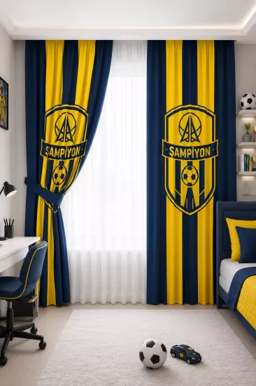 Sarı Lacivert Şampiyon Taraftar Çocuk Odası Çift Kanatlı Fon Perde