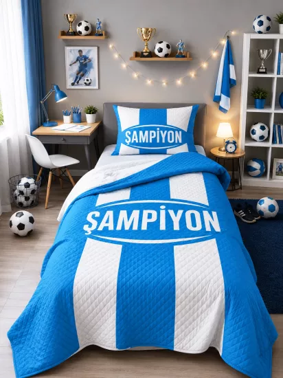 Mavi Beyaz Şampiyon Taraftar Çocuk Odası Tek Kişilik Pike Yatak Örtüsü