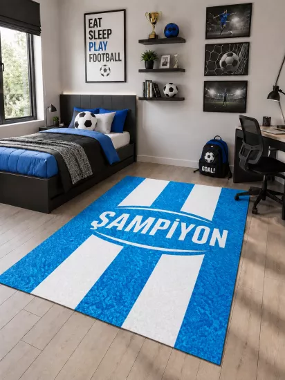 Mavi Beyaz Şampiyon Taraftar Çocuk Odası Halısı