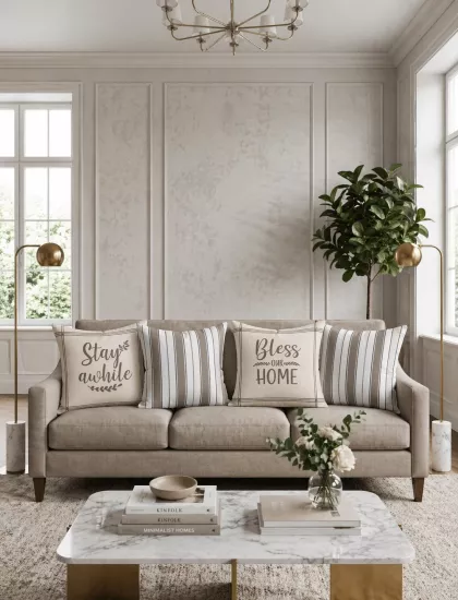4’lü Bej Çizgili ve Home Desenli Kırlent Kılıfı Seti 