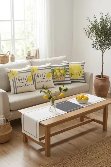 Gri Çizgili Limon Temalı Runner ve 4’lü Kırlent Seti