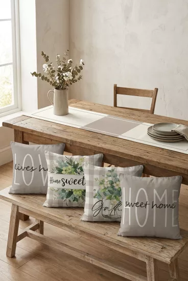 Bej Tonlu Floral ve Yazı Desenli Runner ve 4’lü Kırlent Seti