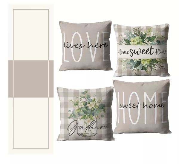 Bej Tonlu Floral ve Yazı Desenli Runner ve 4’lü Kırlent Seti