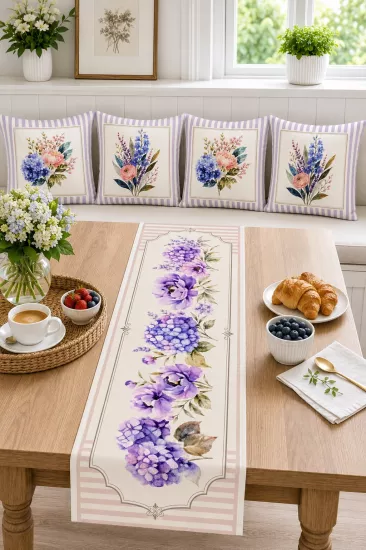 Lila Ortanca ve Mor Çiçek Desenli Runner ve 4’lü Kırlent Kılıfı Seti