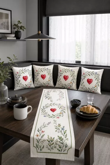 Kırmızı Kalp Desenli Runner ve 4’lü Kırlent Kılıfı Seti Country Dekoratif Yastık