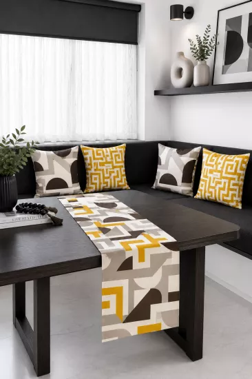 Hardal Sarı Kahverengi Geometrik Desenli Runner ve 4’lü Kırlent Kılıfı Seti Modern Dekoratif Yastık