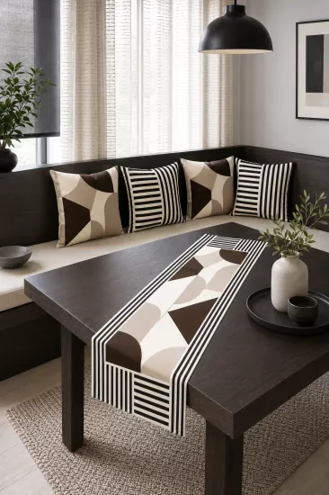 Kahverengi Bej Geometrik Desenli Runner ve 4’lü Kırlent Kılıfı Seti Modern Dekoratif Yastık