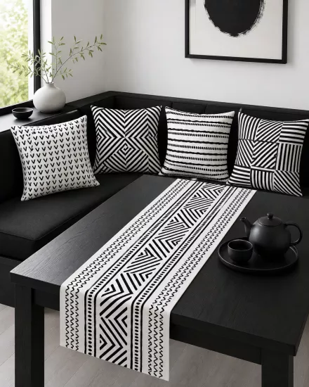 Siyah Beyaz Etnik Geometrik Desenli Runner ve 4’lü Kırlent Kılıfı Seti Modern Dekoratif Yastık