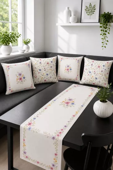 Çiçek Desenli Runner ve 4’lü Kırlent Kılıfı Seti Dekoratif Yastık