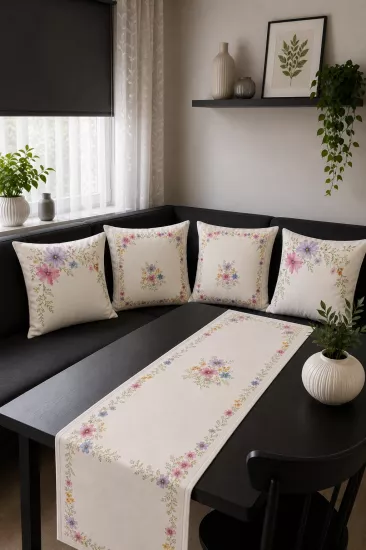 Süslü Buketli Pastel Çiçek Desenli Runner ve 4’lü Kırlent Kılıfı Seti Dekoratif Yastık