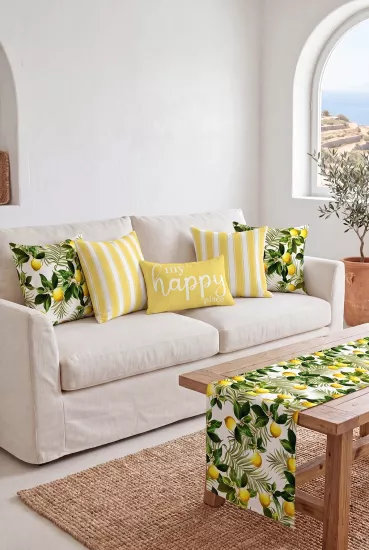 Limon Bahçesi Temalı Dekoratif 5 li Kırlent Kılıfı ve Runner Seti