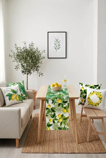 Tropikal Yaprak & Watercolor Limon Desenli Dekoratif 4’lü Kırlent Kılıfı ve Runner Seti