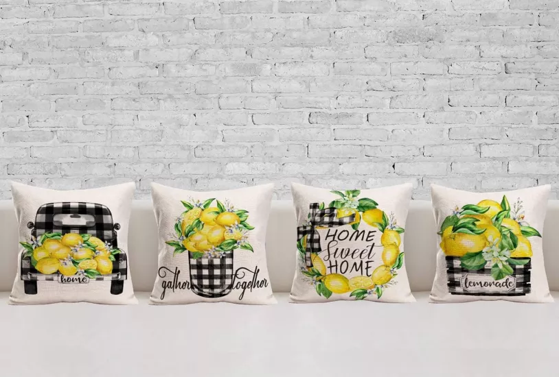 Vintage Limon & Ekose Desenli Dekoratif 4’lü Kırlent Kılıfı ve Runner Seti