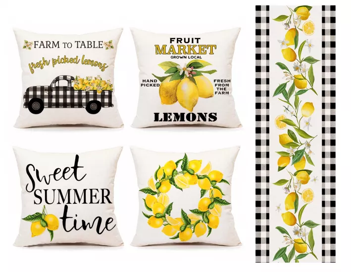 Hello Sunshine Limon Temalı Siyah Çizgili Dekoratif 4’lü Kırlent Kılıfı ve Runner Seti