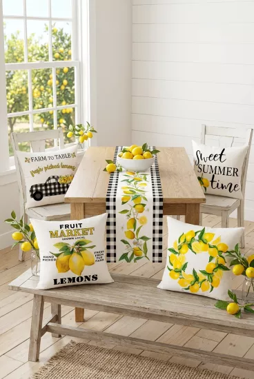 Hello Sunshine Limon Temalı Siyah Çizgili Dekoratif 4’lü Kırlent Kılıfı ve Runner Seti