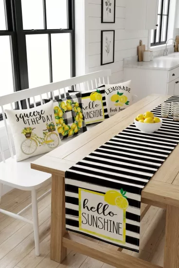 Lemonade Yaz Temalı Siyah Çizgili Dekoratif 4’lü Kırlent Kılıfı ve Runner Seti